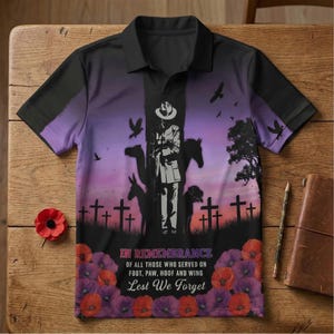 Australian Animals in War Memorial Polo Shirt | Purple Poppy Remembrance Veteran Apparel