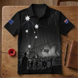 Könnte beinhalten: Schwarzes Poloshirt mit einer Grafik des Sydney Opera House, Sternen und Blitzen. Das Shirt hat australische Flaggen auf den Ärmeln. Eine rote Mohnblume und ein Notizbuch liegen auf der Holzoberfläche.