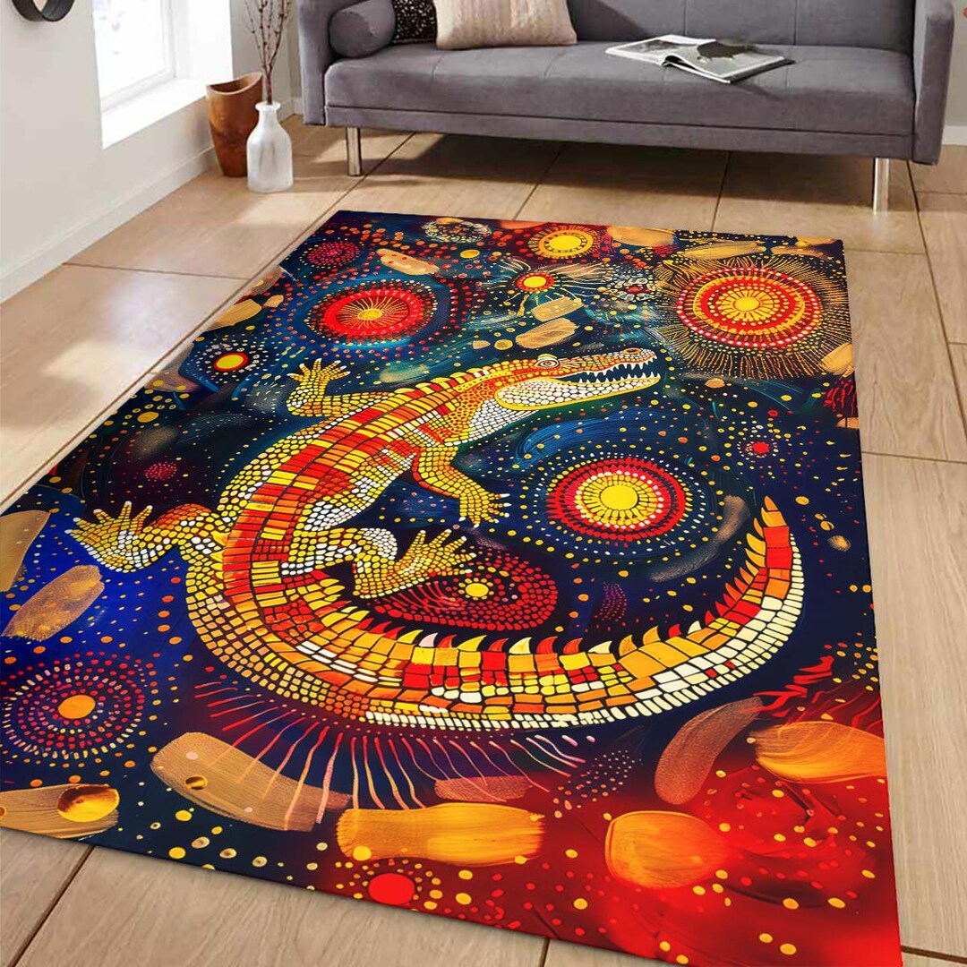 Aboriginal Crocodile Area Rug - Earth Spirit Dot Art Floor Mat - Aussie ...
