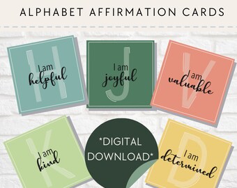 Children's Alphabet Affirmation Cards - DIGITAL DOWNLOAD, Printable Positive Affirmation Cards for Kids