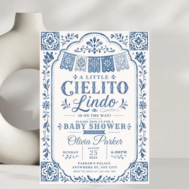 Editable Cielito Lindo Dusty Blue Baby Shower Invitation, Mexican Talavera Papel Picado Invite, Terracotta Spanish Theme, Canva Template 
Cielito Lindo Baby Shower Invitation Template Blue Mexican Baby Shower Invite Editable Canva Download 
Editable Cielito Lindo Invitation, Cielito Lindo Baby Shower Invitation, Mexican Baby Shower Invitation, Papel Picado Invite, Blue Talavera