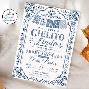 Editable Cielito Lindo Dusty Blue Baby Shower Invitation, Mexican Talavera Papel Picado Invite, Terracotta Spanish Theme, Canva Template 
Cielito Lindo Baby Shower Invitation Template Blue Mexican Baby Shower Invite Editable Canva Download 
Editable Cielito Lindo Invitation, Cielito Lindo Baby Shower Invitation, Mexican Baby Shower Invitation, Papel Picado Invite, Blue Talavera