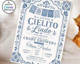 Editable Cielito Lindo Dusty Blue Baby Shower Invitation, Mexican Talavera Papel Picado Invite, Terracotta Spanish Theme, Canva Template