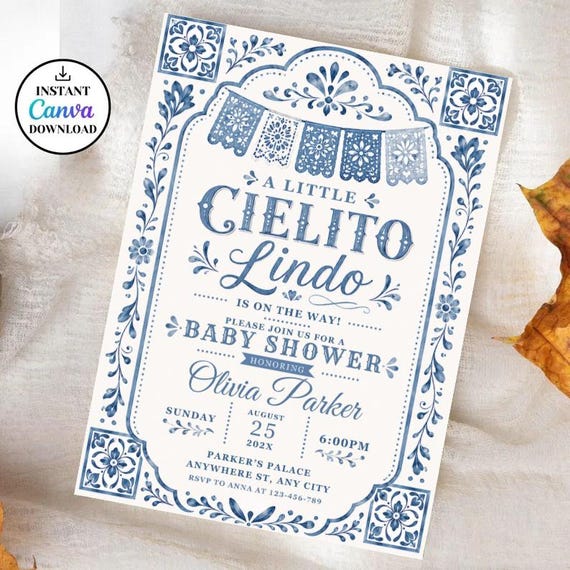 Editable Cielito Lindo Dusty Blue Baby Shower Invitation, Mexican Talavera Papel Picado Invite, Terracotta Spanish Theme, Canva Template