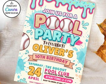 Baseball Drip Pool Party Invitation,Editable Ice Cream Drip Party Invite, Swimming Birthday,Sports Boy Birthday,Water, Girls, Boys Teen