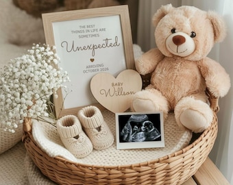 Unexpected Pregnancy Announcement Digital,The Best Things in Life Are Unexpected,Neutral Boho Simple Social Media Reveal Teddy Bear Template