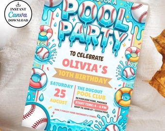 Invitación para fiesta en la piscina con temática de béisbol y goteo, invitación editable para fiesta con temática de helado y goteo, cumpleaños de natación, cumpleaños de niño deportista, agua, niñas, niños adolescentes