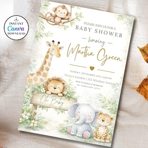 Pode incluir: Um convite para chá de bebê com ilustrações em aquarela de animais da selva, incluindo uma girafa, um leão, um macaco, um elefante e uma chita. O convite inclui o texto "Please join us for a Baby Shower honoring Martha Green."