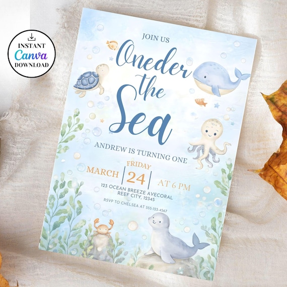 Oneder the Sea Birthday Invitation,Editable Nautical Ocean Kids Birthday Invite,Watercolour Sea Animals Canva Template,DIGITAL DOWNLOAD