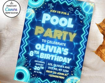 Invitación de cumpleaños editable para fiesta en la piscina, invitación de natación con brillo neón para niños, plantilla de Canva para cumpleaños en la piscina en azul y verde, descarga digital de Evite Boy