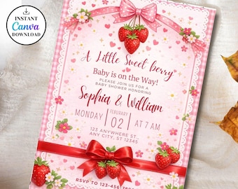 Strawberry Baby Shower Invitation,Editable Berry Sweet Invitation,Pink Baby Shower Invite,Printable Berry Sweet Baby Shower Canva Template