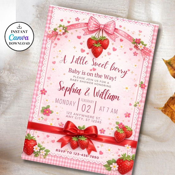 Strawberry Baby Shower Invitation,Editable Berry Sweet Invitation,Pink Baby Shower Invite,Printable Berry Sweet Baby Shower Canva Template