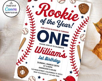 Invitación de Novato del Año de Béisbol, Invitación de Primer Cumpleaños de Béisbol Editable, Fiesta de Primer Cumpleaños de Deportes para Niño, Invitación de Cumpleaños de Béisbol