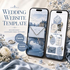 Op de afbeelding: Twee smartphones tonen een trouwwebsite-sjabloon met blauwe bloemaccenten. De schermen tonen een uitnodiging, RSVP-formulier en details. De tekst bevat "WEDDING WEBSITE TEMPLATE," "INCLUDES MUSIC," "COUNTDOWN TIMER," en "RSVP FORM."