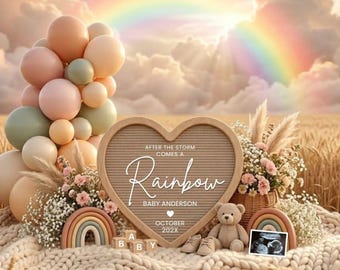 Boho Rainbow Baby Pregnancy Announcement Digital,Editable Minimalist Rainbow Neutral Baby Reveal Template Canva,Social Media announcement