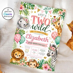 Editable Two Wild Birthday Invitation Girl, Safari 2nd Birthday Invite Floral Animals, Wild Two Party Canva Template Printable Digital