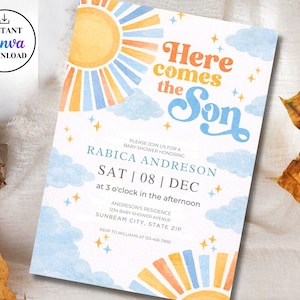 Pode incluir: Um convite para chá de bebê com um design em aquarela. O convite apresenta o texto "Here comes the Son" em laranja e azul, juntamente com os detalhes do evento. O design inclui sóis, nuvens e estrelas.