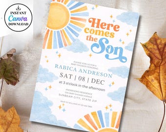 Here Comes the Son Baby Shower Invitation,Editable Boho Sunshine Baby Shower Invitation,Canva Birthday Party Printable Template,5x7 Digital