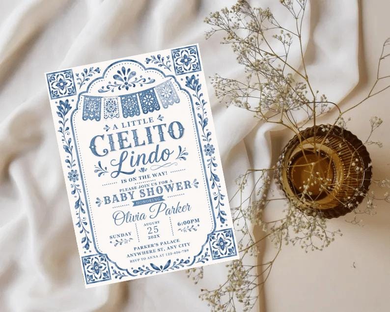 Editable Cielito Lindo Dusty Blue Baby Shower Invitation, Mexican Talavera Papel Picado Invite, Terracotta Spanish Theme, Canva Template 
Cielito Lindo Baby Shower Invitation Template Blue Mexican Baby Shower Invite Editable Canva Download 
Editable Cielito Lindo Invitation, Cielito Lindo Baby Shower Invitation, Mexican Baby Shower Invitation, Papel Picado Invite, Blue Talavera