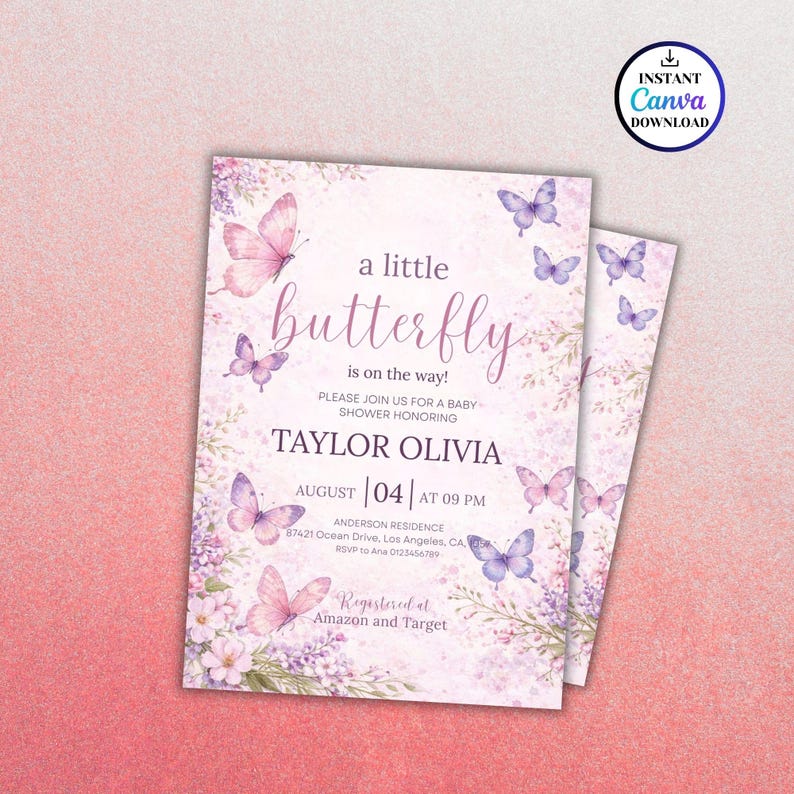 Editable Butterfly Baby Shower Invitation, Pink and Purple Butterfly Invitation, A Little Butterfly Is On The Way, Girl Butterfly Invitation
Butterfly Baby Shower Invitation, Pink Purple Butterfly Invitation Template, Editable Butterfly Baby Shower Invite Girl, Flowers, Canva
EDITABLE Butterfly Baby Shower Invitation A Baby Butterfly is on Her Way Baby Shower Girl theme Pink Butterfly Invite Downloadable & Printed