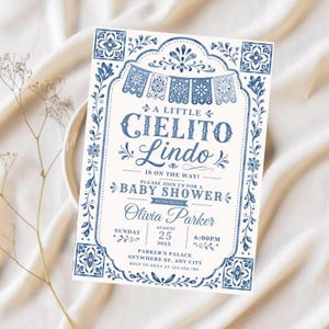 Editable Cielito Lindo Dusty Blue Baby Shower Invitation, Mexican Talavera Papel Picado Invite, Terracotta Spanish Theme, Canva Template 
Cielito Lindo Baby Shower Invitation Template Blue Mexican Baby Shower Invite Editable Canva Download 
Editable Cielito Lindo Invitation, Cielito Lindo Baby Shower Invitation, Mexican Baby Shower Invitation, Papel Picado Invite, Blue Talavera
