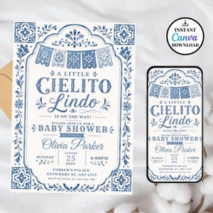 Editable Cielito Lindo Dusty Blue Baby Shower Invitation, Mexican Talavera Papel Picado Invite, Terracotta Spanish Theme, Canva Template 
Cielito Lindo Baby Shower Invitation Template Blue Mexican Baby Shower Invite Editable Canva Download 
Editable Cielito Lindo Invitation, Cielito Lindo Baby Shower Invitation, Mexican Baby Shower Invitation, Papel Picado Invite, Blue Talavera