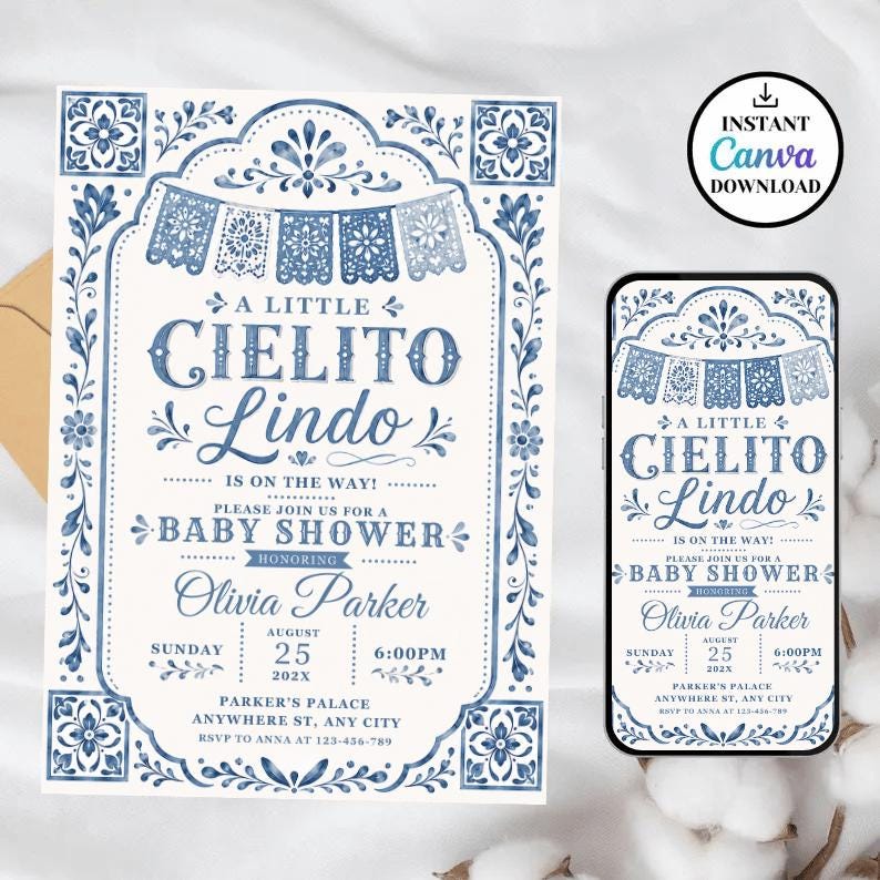 Editable Cielito Lindo Dusty Blue Baby Shower Invitation, Mexican Talavera Papel Picado Invite, Terracotta Spanish Theme, Canva Template 
Cielito Lindo Baby Shower Invitation Template Blue Mexican Baby Shower Invite Editable Canva Download 
Editable Cielito Lindo Invitation, Cielito Lindo Baby Shower Invitation, Mexican Baby Shower Invitation, Papel Picado Invite, Blue Talavera
