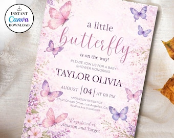 Butterfly Baby Shower Invitation,Editable Pink and Purple Butterfly Invitation,Girl Butterfly Invitation,A Little Butterfly Is On The Way