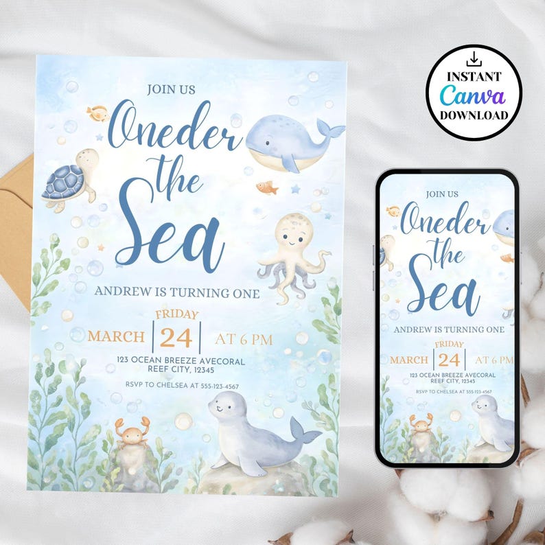 Oneder the Sea Birthday Invitation, Editable Canva Template, Watercolour Sea Animals,  DIGITAL DOWNLOAD
Oneder the Sea Birthday Invitation, Editable Canva Template, Watercolour Sea Animals, Nautical Ocean Kids Birthday Invite, Digital Download
Oneder The Sea Invitation Boy Editable Canva Template Watercolour Sea Animals Nautical Ocean Kids First Birthday Invite DIGITAL DOWNLOAD