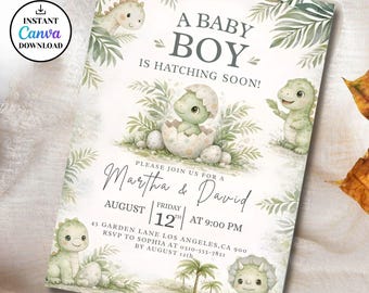 Hatching Soon Baby Shower Invitation,Editable Baby Dino Boy Invite,Dinosaur Egg Couples Template Mobile Evite Hsb – Editable Canva Template