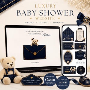 May include: A digital baby shower website template displayed on a laptop and smartphone screen, featuring navy blue and gold accents, teddy bear illustrations, and the text "Luxury Baby Shower Website" and "A Little Miracle Is On The Way Celebrating Arthur."
