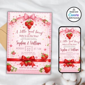 Strawberry Baby Shower Invitation, Editable Pink Baby Shower Invite, Printable Berry Sweet Baby Shower Canva Template, Digital Download 
Editable Berry Sweet Baby Shower Invitation Template, Strawberry Baby Shower Invite, Pink Girl Baby Shower,Canva Invitation,Instant Download
Strawberry Baby Shower Invitation Template, Editable Pink Baby Shower Invite, Berry Sweet Invitation, Printable Invite, Digital Download