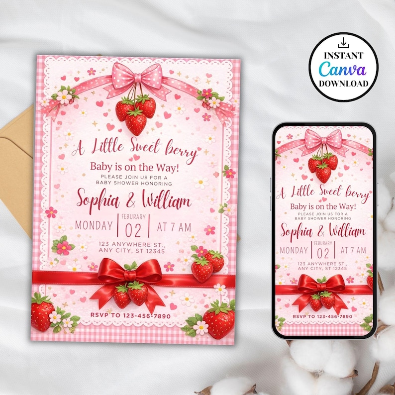 Strawberry Baby Shower Invitation, Editable Pink Baby Shower Invite, Printable Berry Sweet Baby Shower Canva Template, Digital Download 
Editable Berry Sweet Baby Shower Invitation Template, Strawberry Baby Shower Invite, Pink Girl Baby Shower,Canva Invitation,Instant Download
Strawberry Baby Shower Invitation Template, Editable Pink Baby Shower Invite, Berry Sweet Invitation, Printable Invite, Digital Download