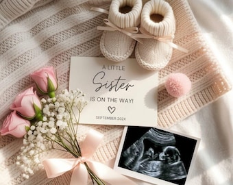 Editable Little Sister Pregnancy Announcement Floral Canva Template,Girl Gender Reveal,Pink Floral Announcement Social Media Reveal Template