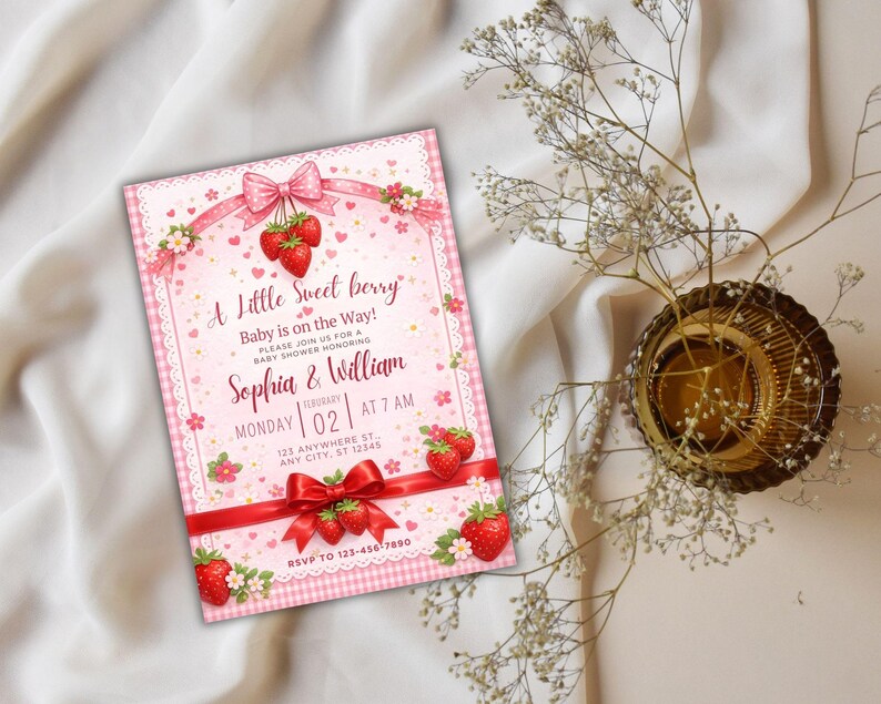 Strawberry Baby Shower Invitation, Editable Pink Baby Shower Invite, Printable Berry Sweet Baby Shower Canva Template, Digital Download 
Editable Berry Sweet Baby Shower Invitation Template, Strawberry Baby Shower Invite, Pink Girl Baby Shower,Canva Invitation,Instant Download
Strawberry Baby Shower Invitation Template, Editable Pink Baby Shower Invite, Berry Sweet Invitation, Printable Invite, Digital Download