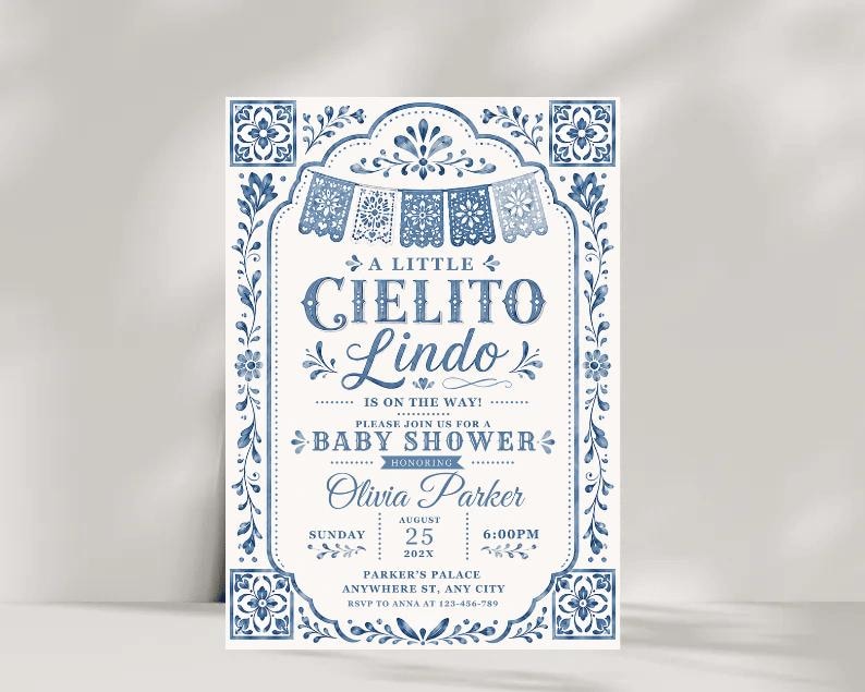 Editable Cielito Lindo Dusty Blue Baby Shower Invitation, Mexican Talavera Papel Picado Invite, Terracotta Spanish Theme, Canva Template 
Cielito Lindo Baby Shower Invitation Template Blue Mexican Baby Shower Invite Editable Canva Download 
Editable Cielito Lindo Invitation, Cielito Lindo Baby Shower Invitation, Mexican Baby Shower Invitation, Papel Picado Invite, Blue Talavera
