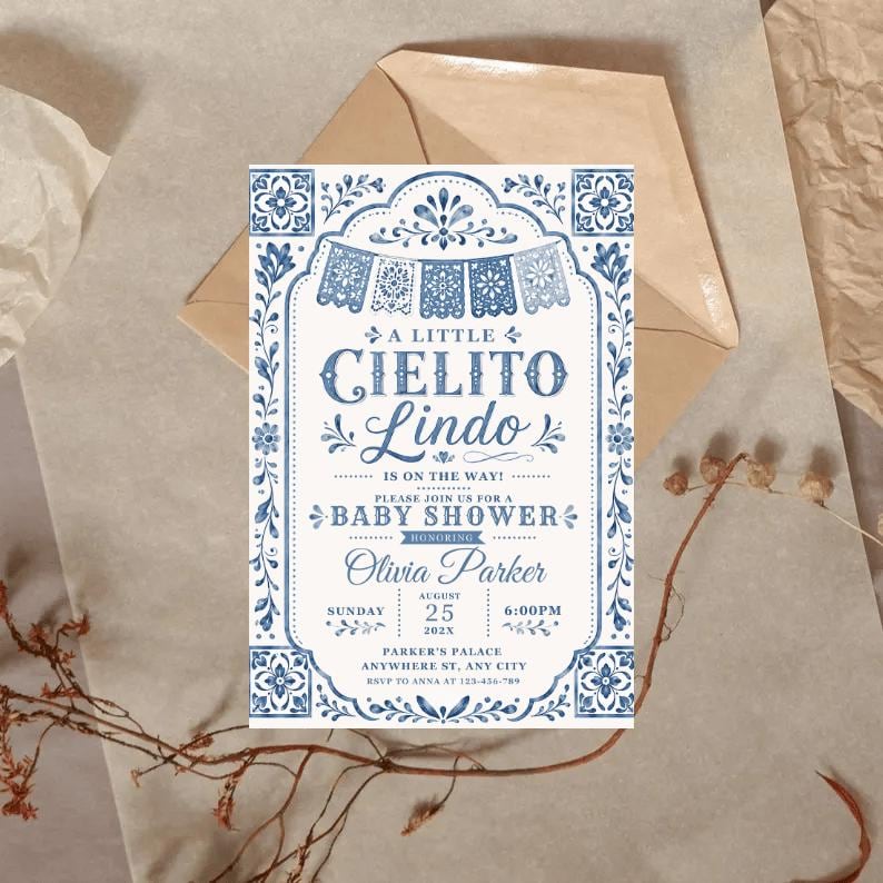 Editable Cielito Lindo Dusty Blue Baby Shower Invitation, Mexican Talavera Papel Picado Invite, Terracotta Spanish Theme, Canva Template 
Cielito Lindo Baby Shower Invitation Template Blue Mexican Baby Shower Invite Editable Canva Download 
Editable Cielito Lindo Invitation, Cielito Lindo Baby Shower Invitation, Mexican Baby Shower Invitation, Papel Picado Invite, Blue Talavera