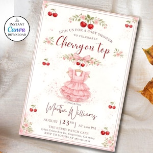Cherry on Top Baby Shower Invitation Template,Editable Pink Berry Baby Girl Shower Invitation Template, Girl Baby Shower Invite,Canva Edit