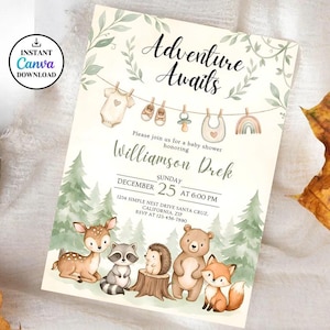 Editable Woodland Animals Baby Shower Invite,Editable Watercolor Woodland Animal Invitation,Woodland Baby Shower,Adventure Awaits Template