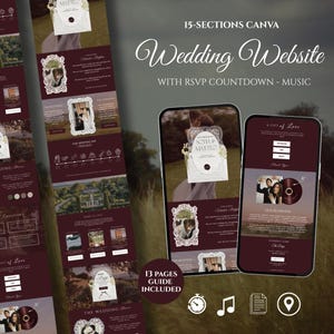 May include: A 15-section Canva wedding website template featuring a deep burgundy colour scheme, RSVP countdown, and music integration. The design includes ornate white frames, photo placeholders, and text sections for ceremony details.