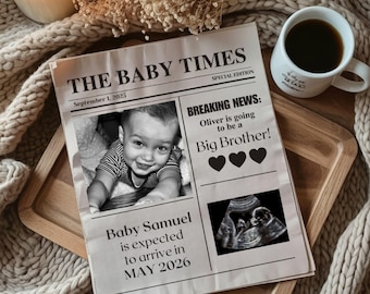 Krant zwangerschapsaankondiging digitaal gepromoveerd tot grote broer baby nummer twee onderweg, bewerkbare sjabloon, sociale media zwangerschap onthullen