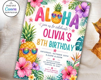 Invitación de cumpleaños tropical, invitación a fiesta Aloha, invitación de cumpleaños hawaiana con piña, invitación de piña, invitación Luau, Canva editable