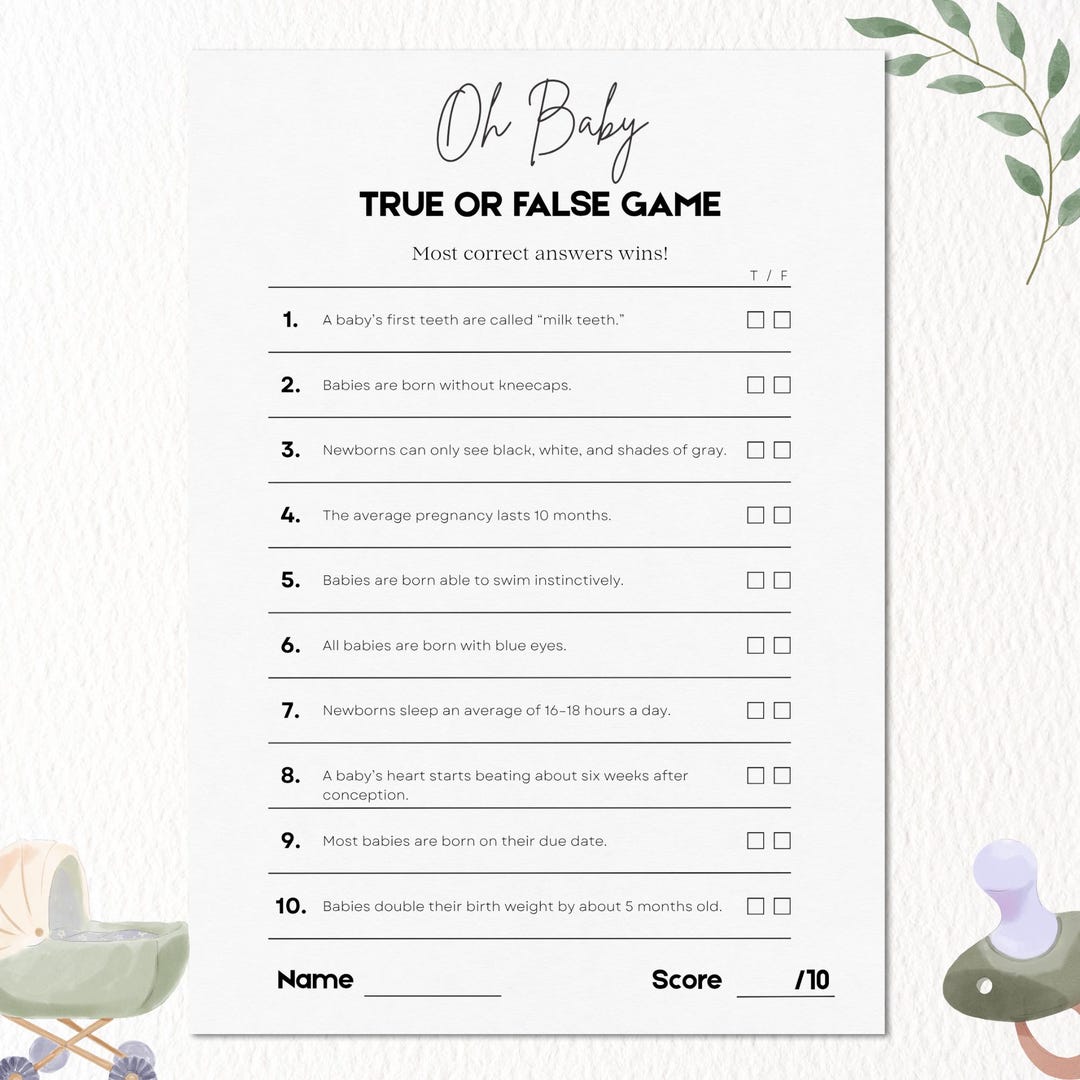 True or False Baby Shower Game | Printable True or False Baby Shower ...