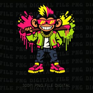 May include: A digital illustration of a cool monkey wearing sunglasses, a gold chain, and a green jacket, holding a baseball bat. The monkey has a mohawk and is surrounded by colorful paint splatters. The image has the text "300PI PNG FILE DIGITAL".