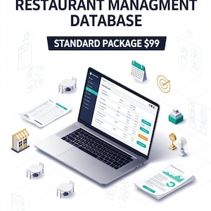 Peut inclure: Un ordinateur portable affichant une interface de base de données de gestion de restaurant, entouré d'icônes de calendrier, de cible et de tables de restaurant. Le texte indique "GOURMETHUB RESTAURANT MANAGMENT DATABASE" et "Professional SQL Database Design."