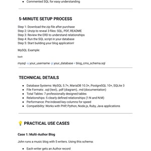 May include: A white document with black text detailing a 5-minute setup process, technical details, and practical use cases for a blog application. Includes MySQL example code and file format information.