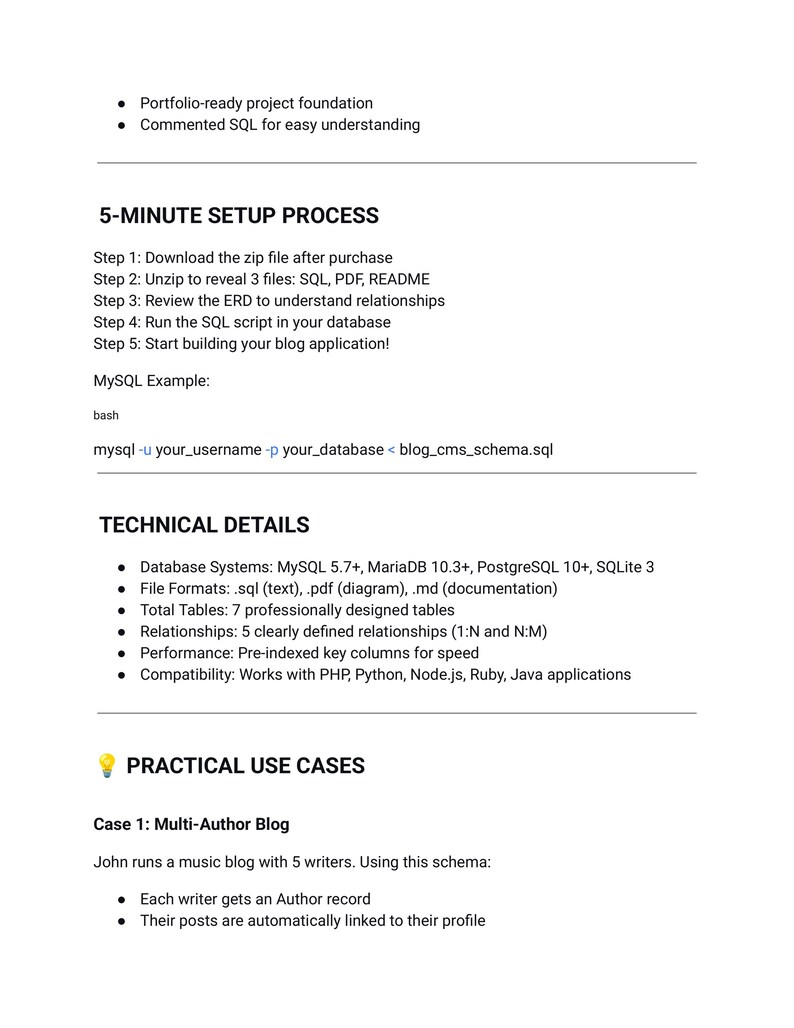 May include: A white document with black text detailing a 5-minute setup process, technical details, and practical use cases for a blog application. Includes MySQL example code and file format information.