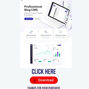 May include: A digital advertisement for a Professional Blog CMS. The image features a laptop, tablets, and a graph displaying analytics. Text includes "Start Free Trial", "Advanced Scheduling", and "Developer-Friendly APIs". A red button says "Download".