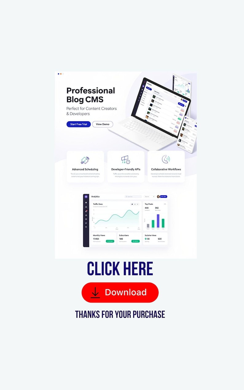 May include: A digital advertisement for a Professional Blog CMS. The image features a laptop, tablets, and a graph displaying analytics. Text includes "Start Free Trial", "Advanced Scheduling", and "Developer-Friendly APIs". A red button says "Download".
