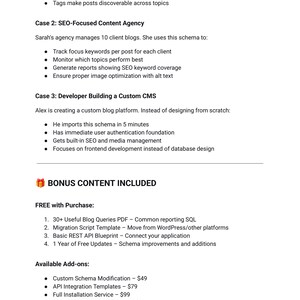 May include: A white document with black text detailing SEO-focused content agency strategies and custom CMS development. Bullet points highlight key features, including keyword tracking, SEO coverage, and image optimization. Bonus content and add-ons are also listed.